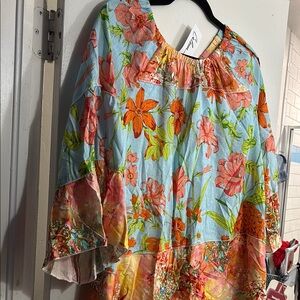 Johnny Was Orange Pink Flutter Sleeve Asymmetrical Blouse